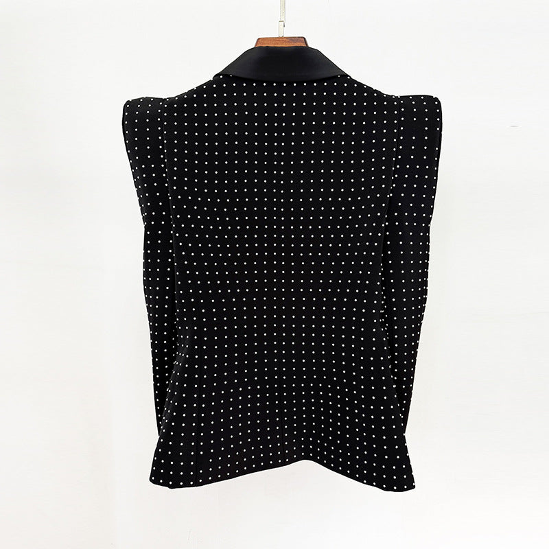 Unique Shoulder Pad Fitted Blazer And Pearl Embellished Skirt Set