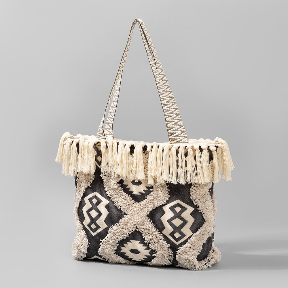 Vintage Tassel Print Tote Shoulder Handbag