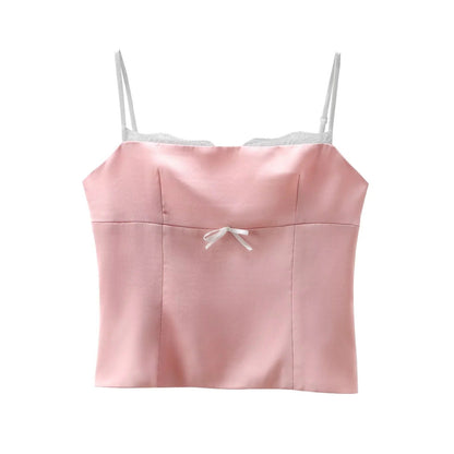 Elegant Satin Spaghetti Strap Lace Trim Top