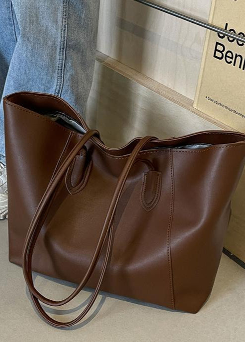 Two Tone PU Leather Tote Bag With Long Straps