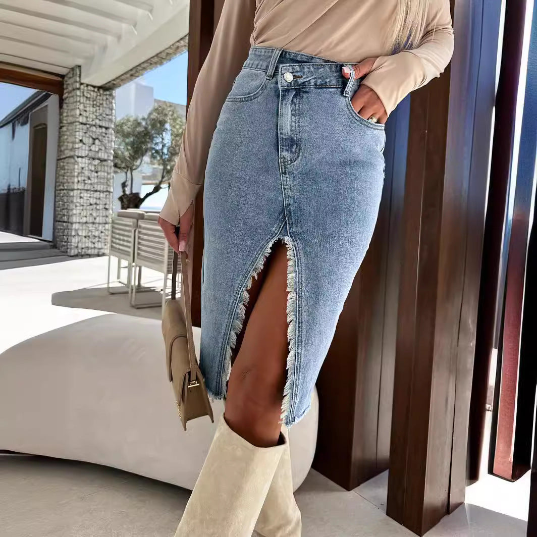 Fashionable Solid Color Denim Bodycon Skirt