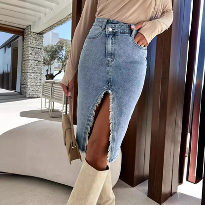 Fashionable Solid Color Denim Bodycon Skirt
