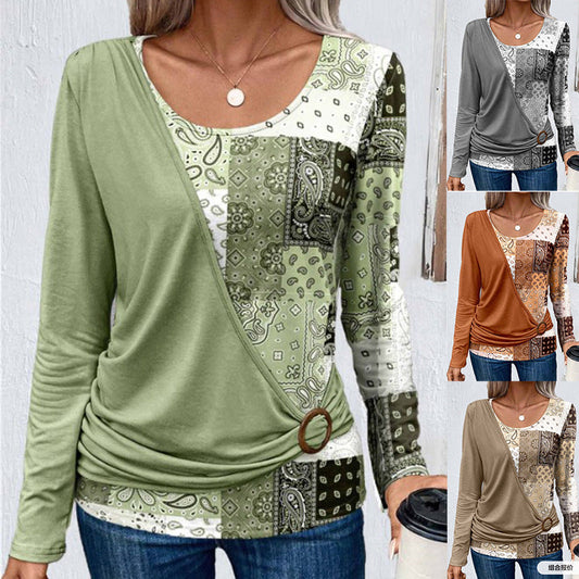 Autumn Printing Solid Color Stitching Casual Long-Sleeved Knitted T-Shirt