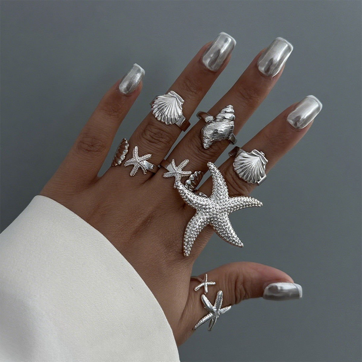 Starfish Shell Metal Ring Set Trendy Fashion Jewelry