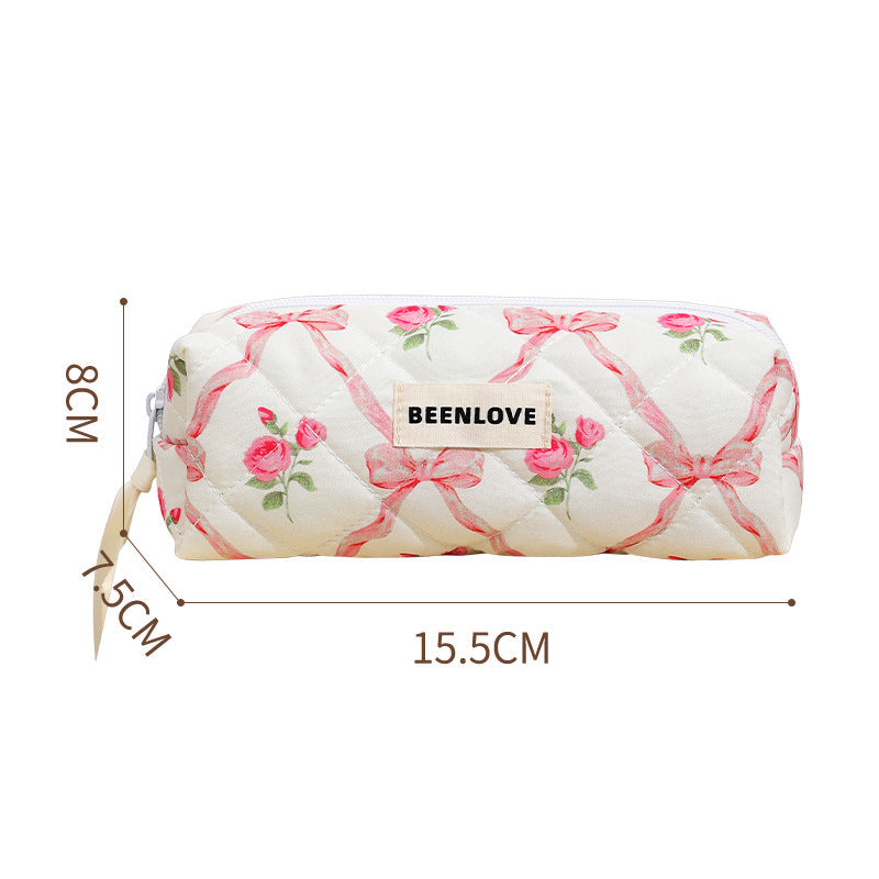 Cute Heart Print Cotton Quilted Cosmetic Bag