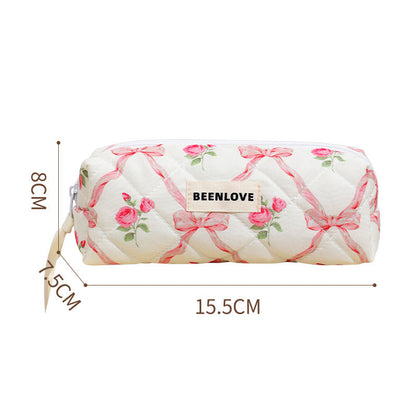 Cute Heart Print Cotton Quilted Cosmetic Bag