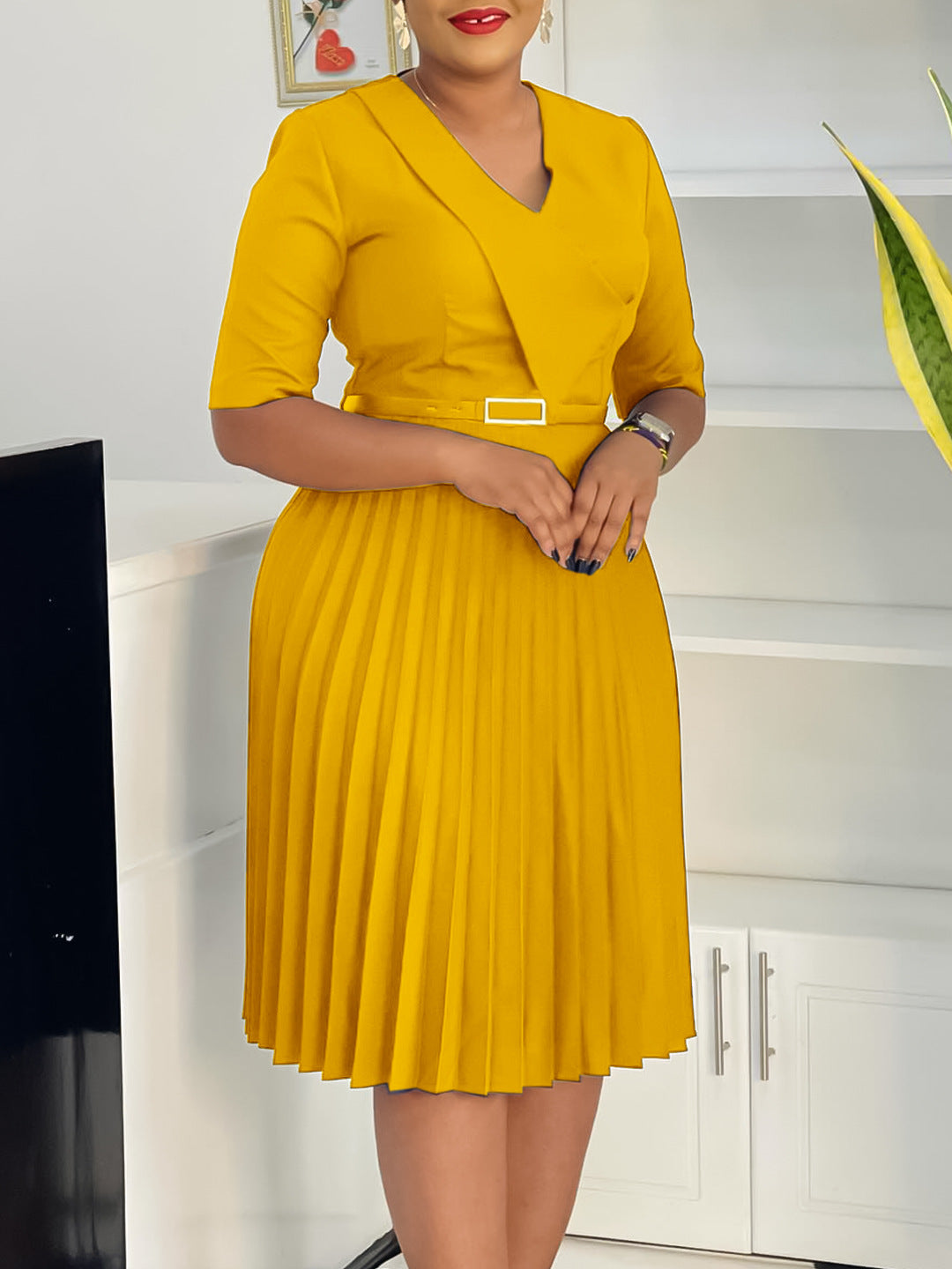 Elegant V-Neck A-Line Dress With Belt In Solid Colors