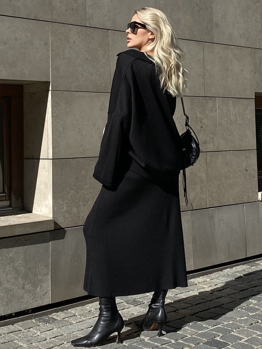 Fashionable V-Neck Knit Sweater And Skirt Set