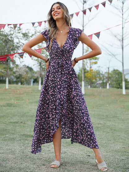 New Bohemian V-Neck Lace-Up Slim Fit Dress