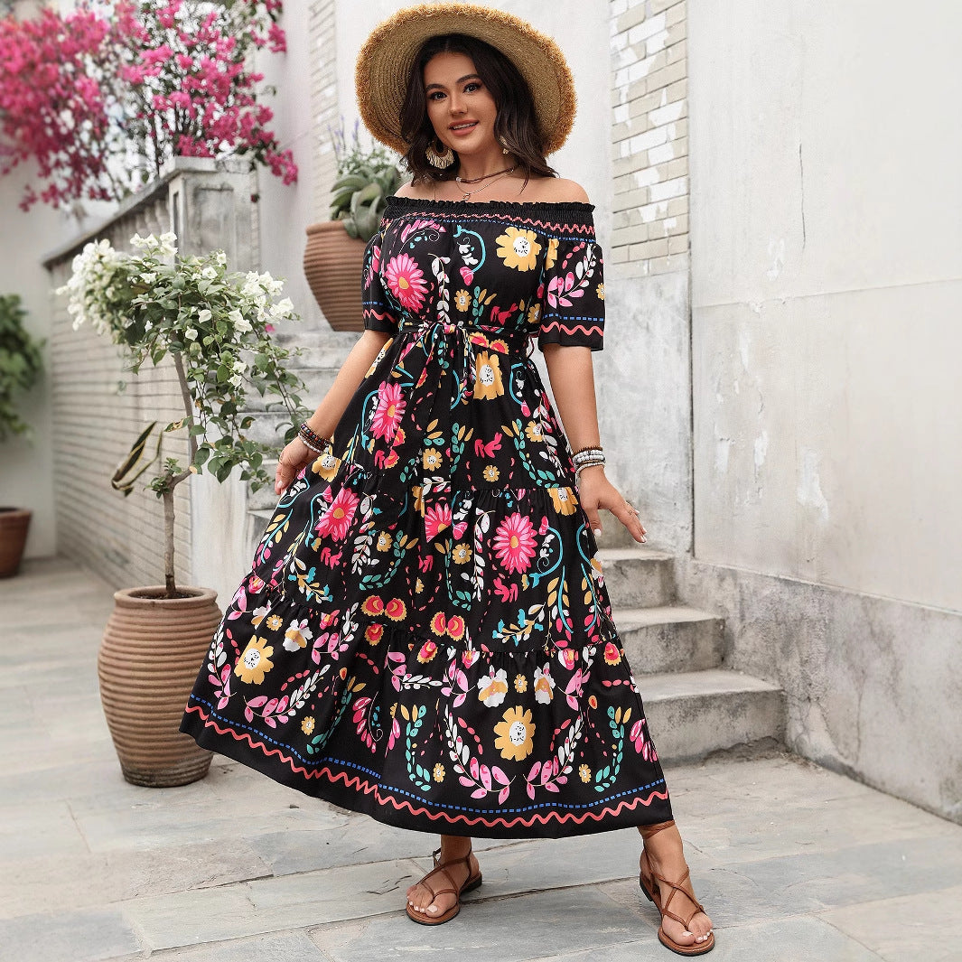 Elegant Color Block Printed Maxi Dress With Off-The-Shoulder Design