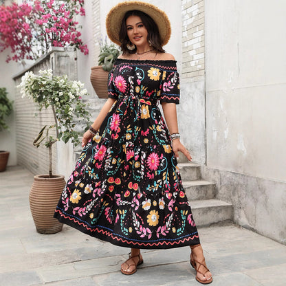 Elegant Color Block Printed Maxi Dress With Off-The-Shoulder Design