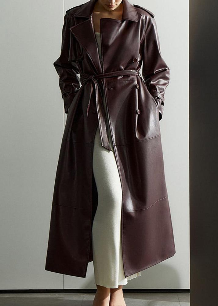 Faux Leather Trench Coat Burgundy Tailored
