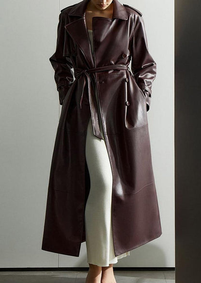 Faux Leather Trench Coat Burgundy Tailored