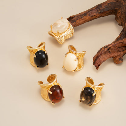 Geometric Resin Gemstone Open Ring Trendy Wide Band