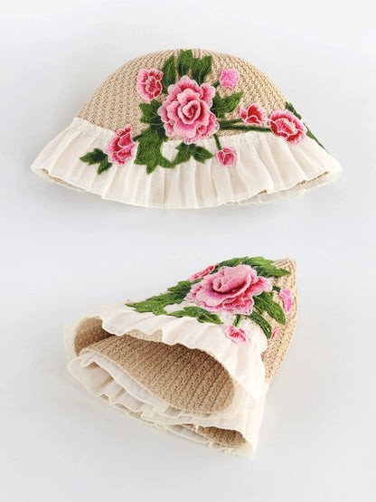 Ethnic Style Embroidery Flower Summer Visor White Brim Sun Hat Bucket Hat Sun Protection Knitted Hat