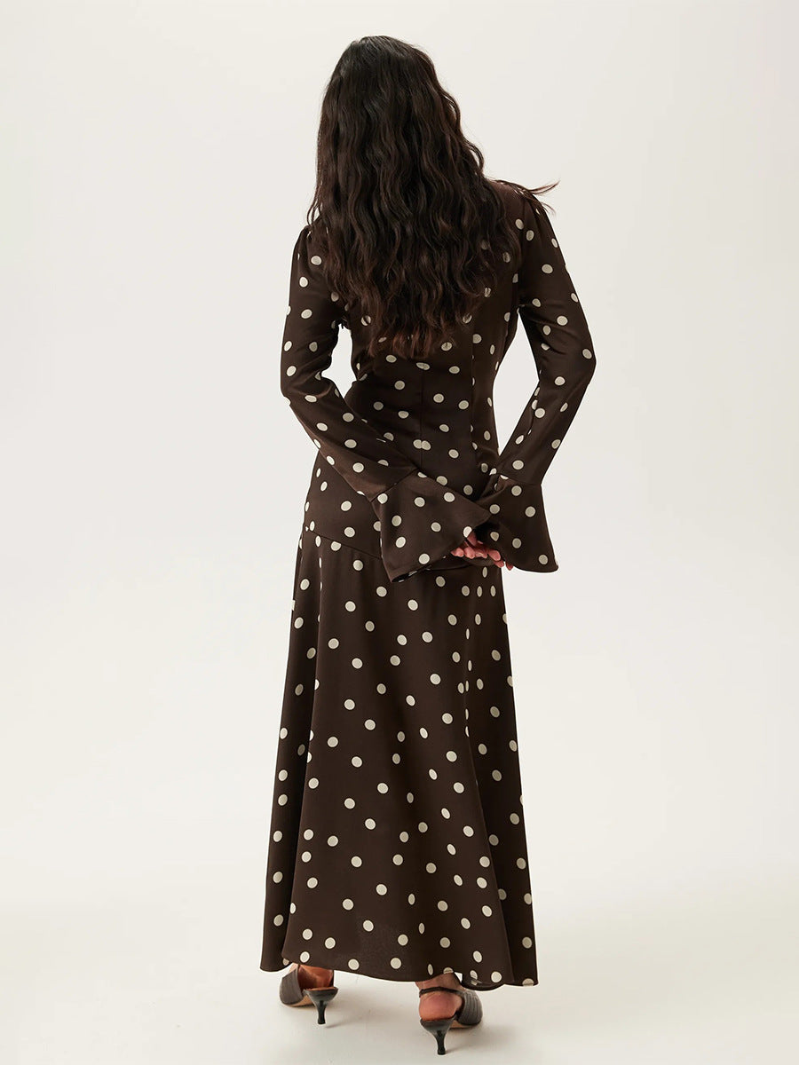 Brown Polka Dot Long Sleeve Dress Elegant Casual Fit