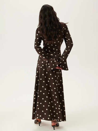 Brown Polka Dot Long Sleeve Dress Elegant Casual Fit