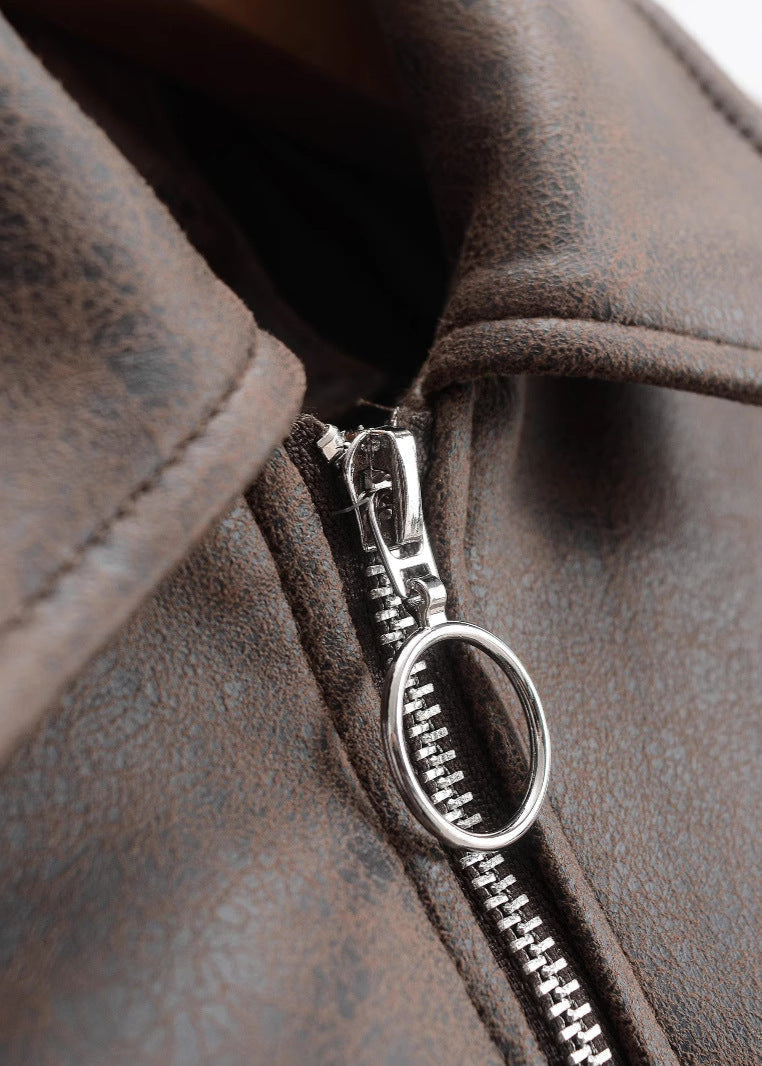 Vintage Faux Leather Bomber Jacket With Oversized Pockets
