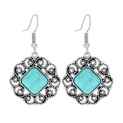 Simple Tribal Flower Teardrop Circle Turquoise Earring Set