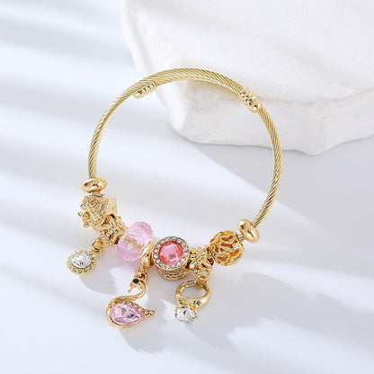Adjustable Heart-Shaped Alloy Bracelet with Rhinestones