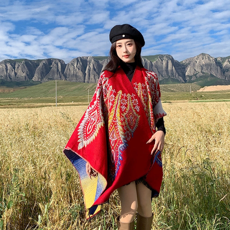 Tibetan Great Retro Totem Red Warm Outer Shawl Women'S Scarf Autumn And Winter Cloak Big Cloak