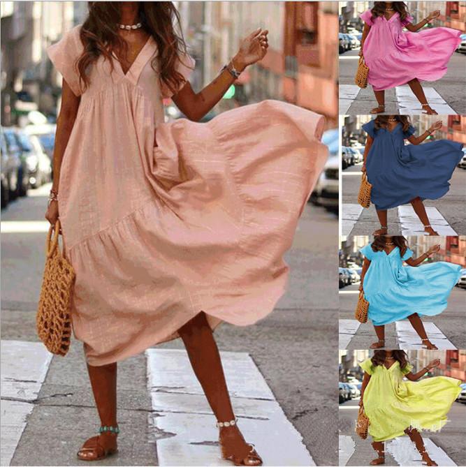 Street Style Solid Color Boho Maxi Dress Summer Candy Color Plus Size S-5Xl V-Neck Loose Irregular Long Dress