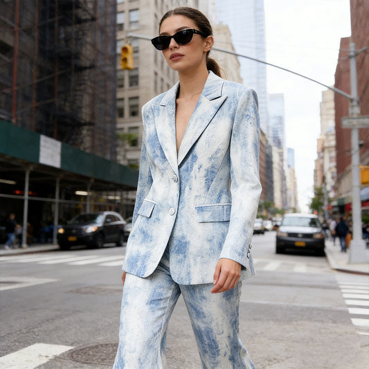 Abstract Print Cotton Blazer And Trousers Set Stylish Casual Outfit