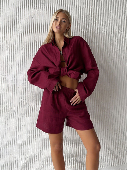 Cotton Long Sleeve Cardigan And Shorts Set Casual Chic