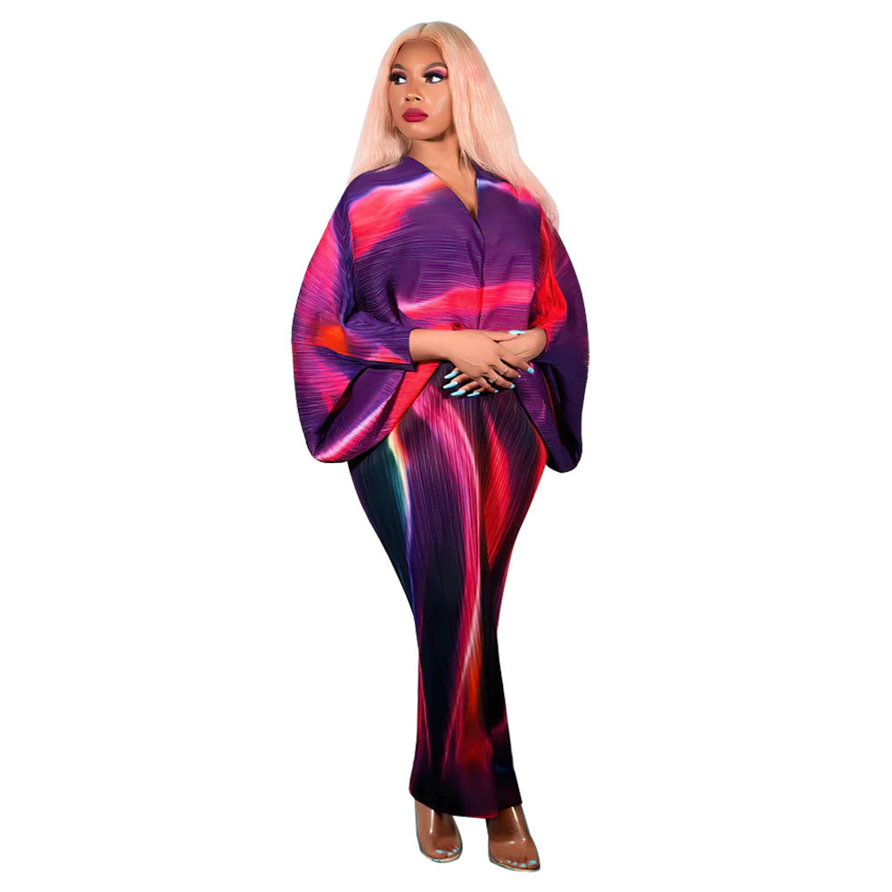 Fashion Batwing Sleeve Printed V-Neck Dress