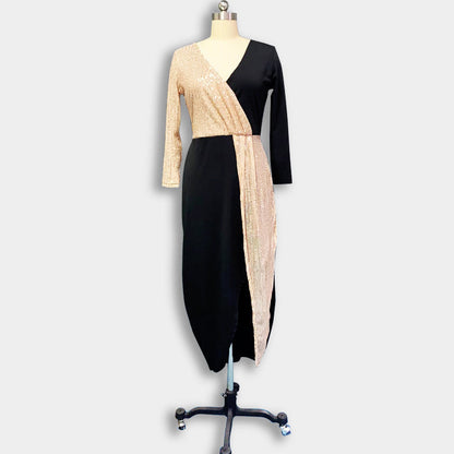 Two-Tone High Waist Midi Dress With Long Sleeves