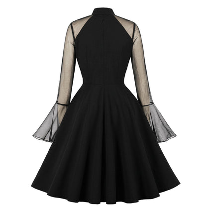 Vintage Bell Sleeve Mesh Panel Midi Dress