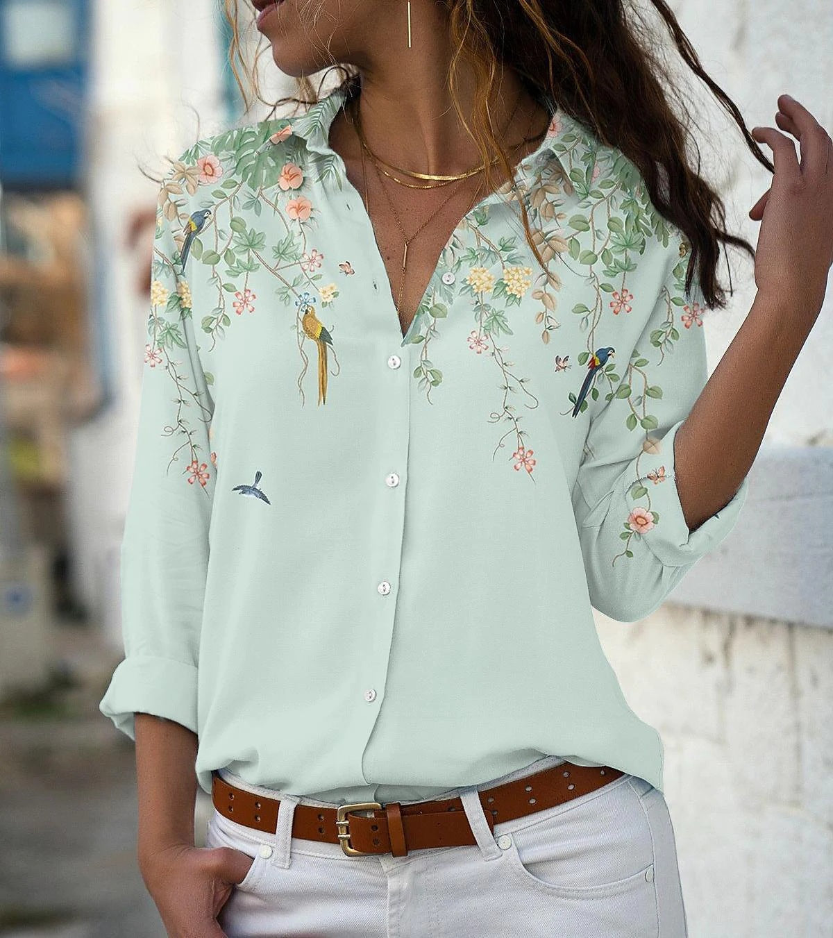 Spot Women'S Loose Collar Long Sleeved Single Breasted Shirt Temperament Lady Printed Top