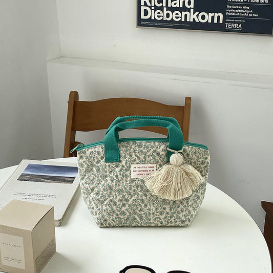 Quilted Insulated Lunch Bag Floral Design Cotton Tote