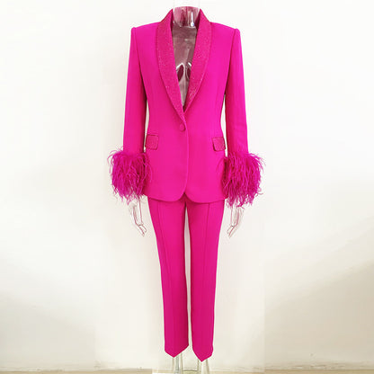 Luxury Ostrich Feather Blazer And Trouser Set