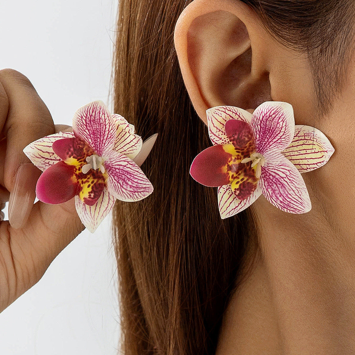 Bohemian Style 3D Orchid Flower Earrings Handmade Statement Jewelry