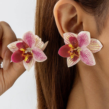 Bohemian Style 3D Orchid Flower Earrings Handmade Statement Jewelry