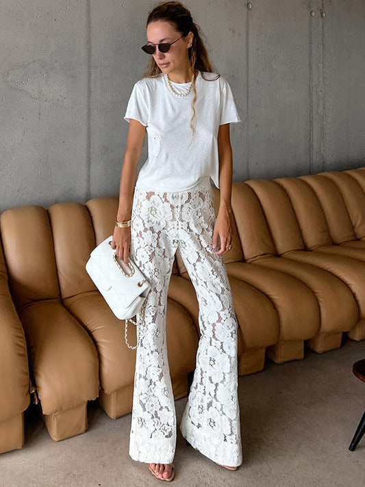 Floral Lace Bell Bottom Pants Casual High-Waisted Trousers