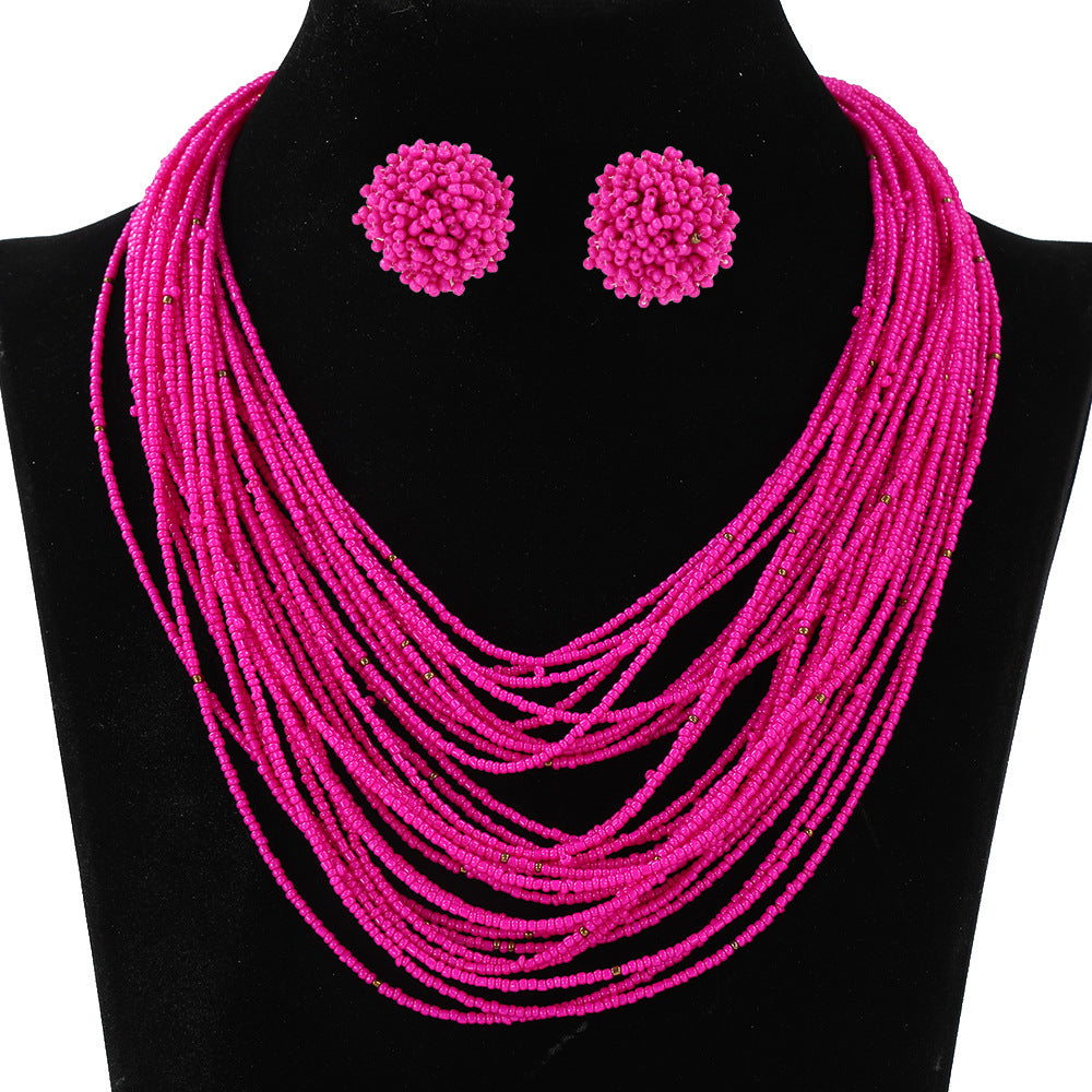 Bohemian Layered Bead Necklace and Earring Set Vintage Style Women's Jewelry