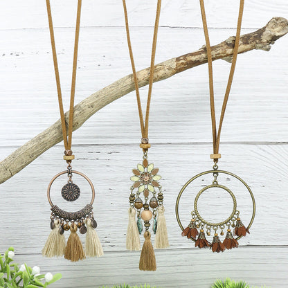 Bohemian Long Pendant Necklace with Tassels and Floral Design