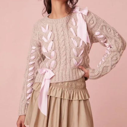 Bows Sweet Twist Round Neck Sweater