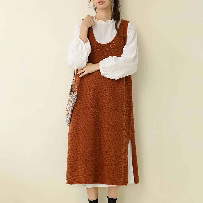 Sweet Solid V-Neck Knitted Suspender Dress for All Seasons