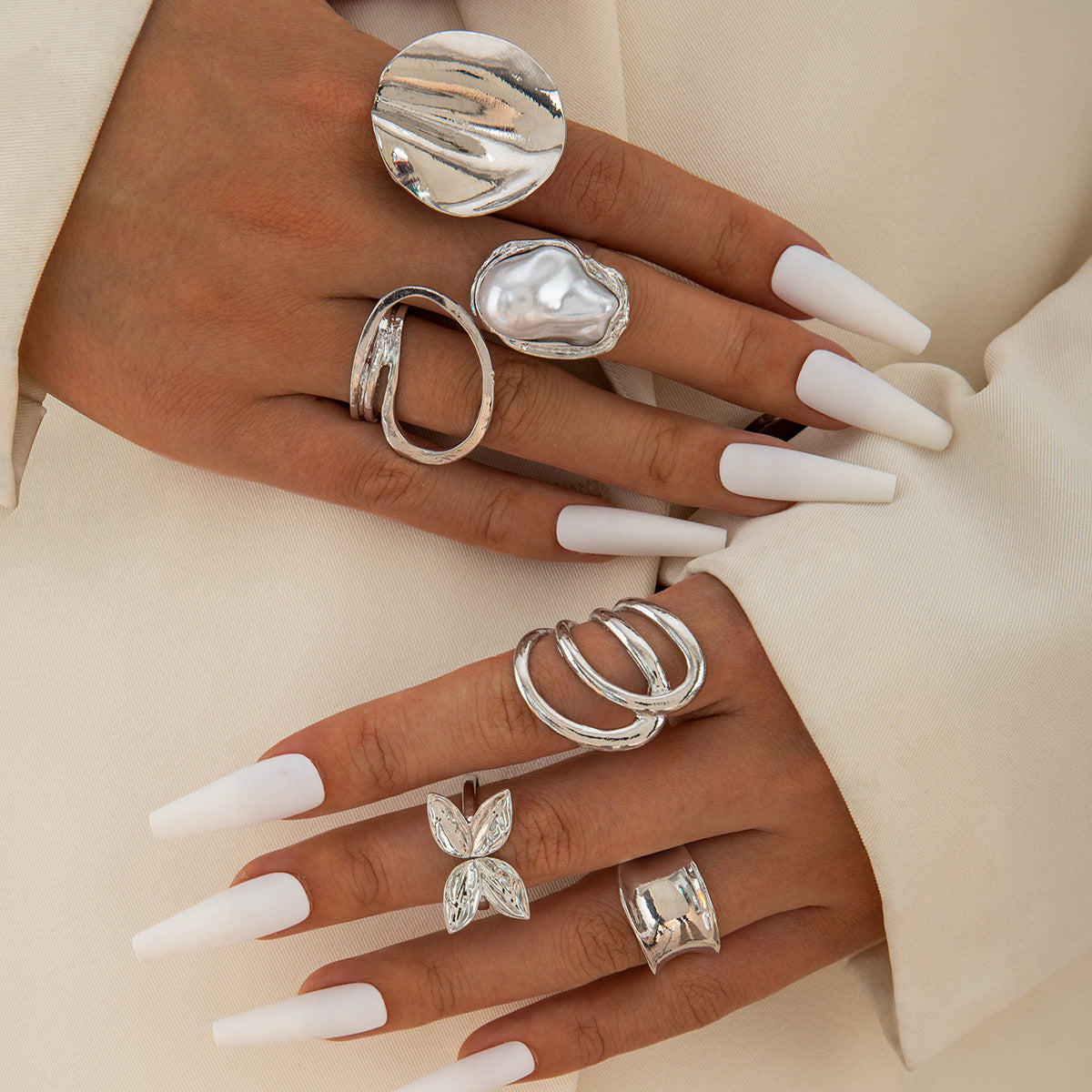 Flower-Decorated Pearl Ring Set Retro Baroque Geometric Rings