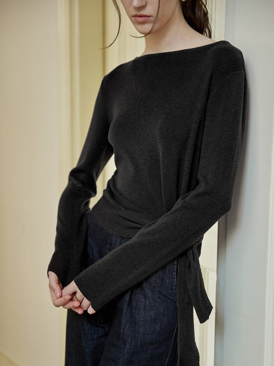 Asymmetrical Waist Tie Knit Top Elegant Casual Long Sleeve