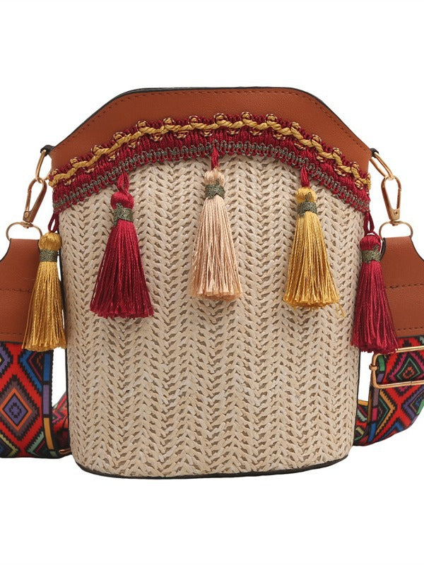 Ethnic Style Woven Bucket Bag Casual PU Crossbody Bag