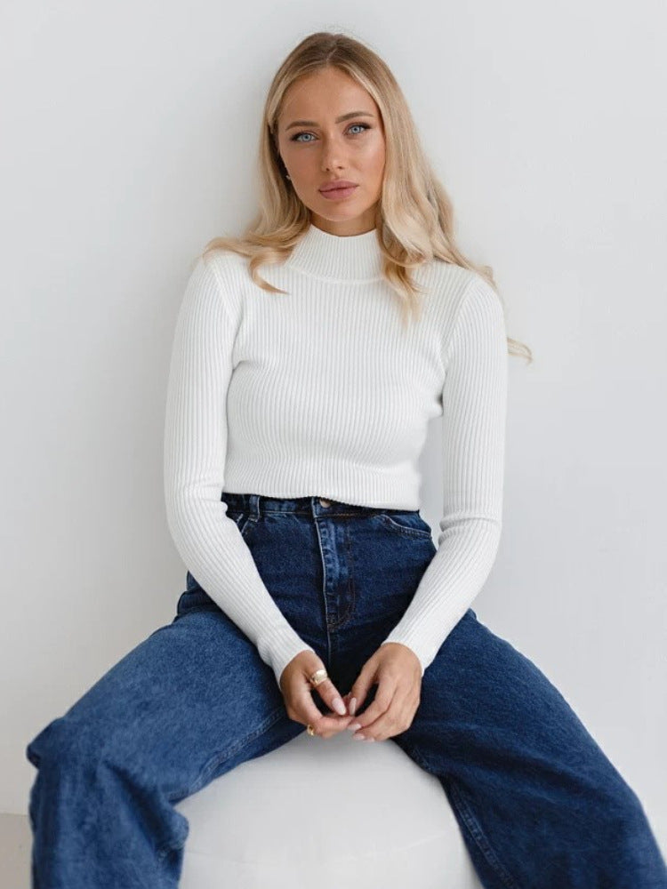 Solid Color Half Turtleneck Sweater Slim Fit Knitted Top