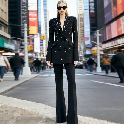 Fashionable Embellished Blazer Pantsuit With Long Sleeves
