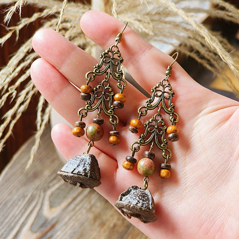 Vintage-Inspired Bohemian Hollow Bead Earrings with Natural Dried Fruits