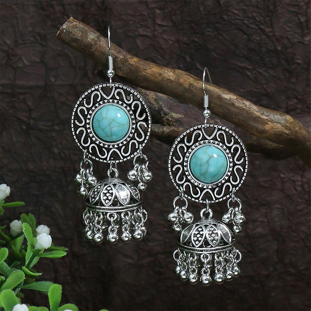Bohemian Geometric Alloy Earrings with Bell Detail
