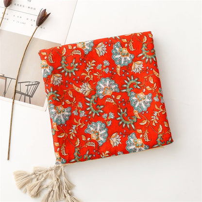 Retro Ethnic Style Shawl Red Flower Scarf Cotton Linen Scarf