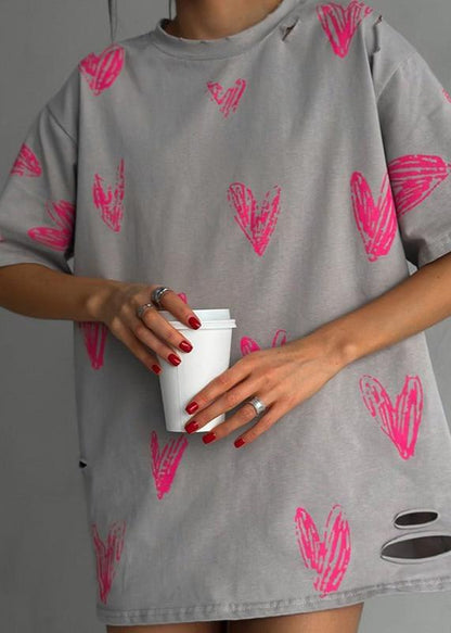 Oversized Cotton Tee With Pink Heart Sketch